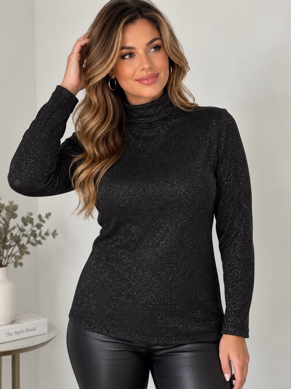 Eileen Fisher Black Sparkle Turtleneck Long Sleeve Top